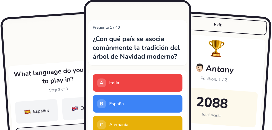 Three mobile screens showing The Fast Quiz gameplay in different languages